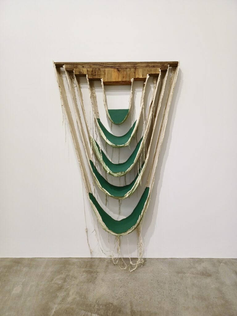 howard schwatzberg Suspended Skeletal Painting (forest green) Canvas, Paint, Wood, Hydrocal , Foam, Staples, and Tacks 80 x 46 x 9.5 in (203.2 x 116.84 x 24.13 cm)