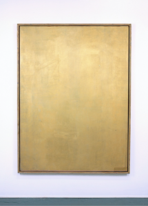 Kase Painting (P5), 2019 Latex, spray paint, graffiti remover, collage on canvas in reclaimed plywood frame. 68” x 51″