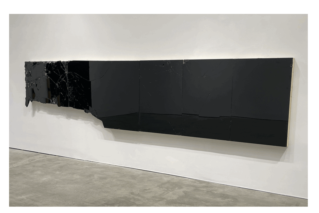 Michael David, Be Aware of Symmetry (For Edward Albee), 2022 - 2025 Mirrored glass, silicone, and diamond dust on wooden panels 157.25” x 36” x 4”