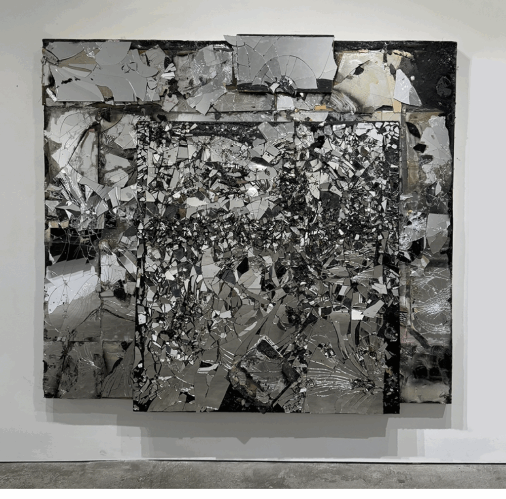 Micheal David, Untitled 9, 2022 - 2025 Mirrored glass, tar, resin, silicone, and oil paint on wooden panels 74.5” x 86.5” x 6”