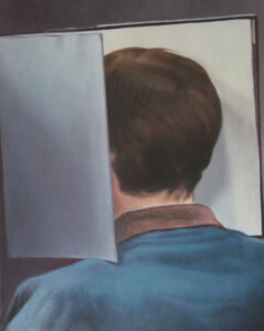 Viktor Witkowski, Priest, 20" x 16", oil on canvas, 2012 Catholic priest Andreas L. was sentenced in German court in 2012. He was accused of sexually abusing three boys between 2004 and 2011 in 280 cases. German law allows perpetrators to remain anonymous. Last names are never given and when journalists and photographers are allowed to sit in court, the accused have the right to protect their identity by covering their face. In most cases, the perpetrator's legal team will provide a binder that can be used to cover one's face.