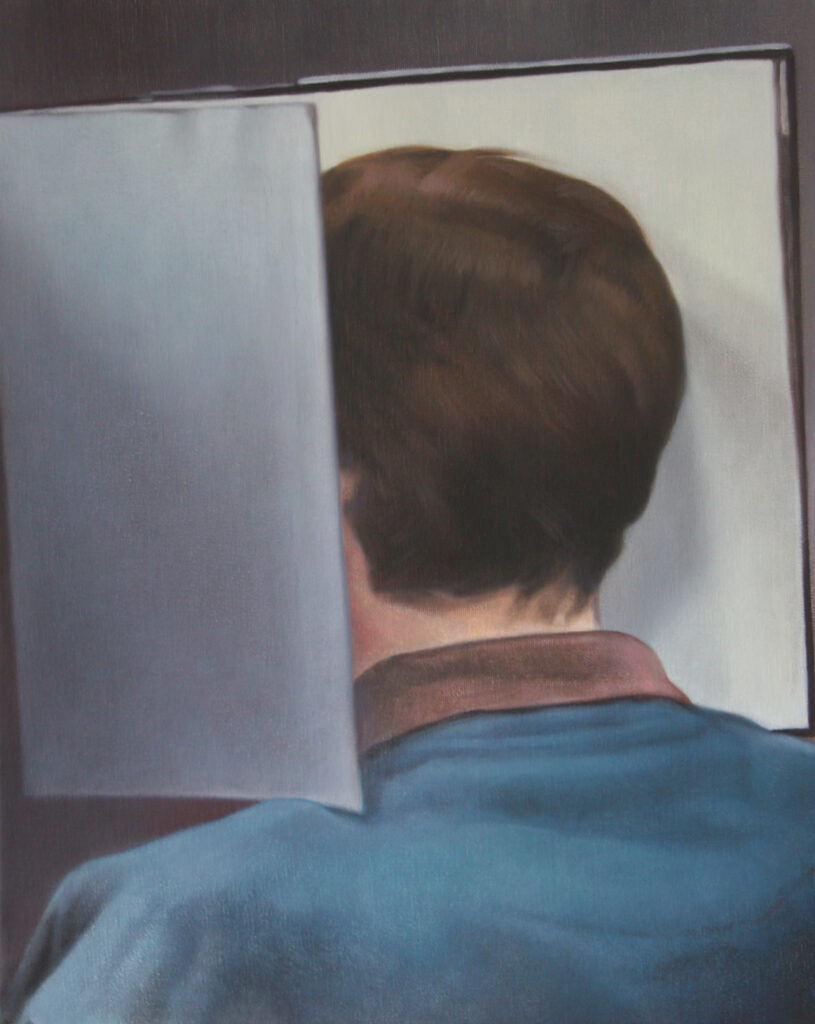 Viktor Witkowski, Priest, 20" x 16", oil on canvas, 2012 Catholic priest Andreas L. was sentenced in German court in 2012. He was accused of sexually abusing three boys between 2004 and 2011 in 280 cases. German law allows perpetrators to remain anonymous. Last names are never given and when journalists and photographers are allowed to sit in court, the accused have the right to protect their identity by covering their face. In most cases, the perpetrator's legal team will provide a binder that can be used to cover one's face.