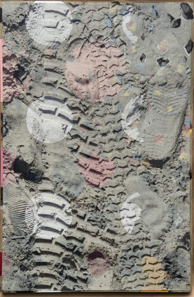 Artist. Suzanne Joelson Title. Upper Integrals, RIsing Chord Size. 36" x 24" Year. 2022 Materials. Mesh vinyl photograph on wood panel, acrylic paint