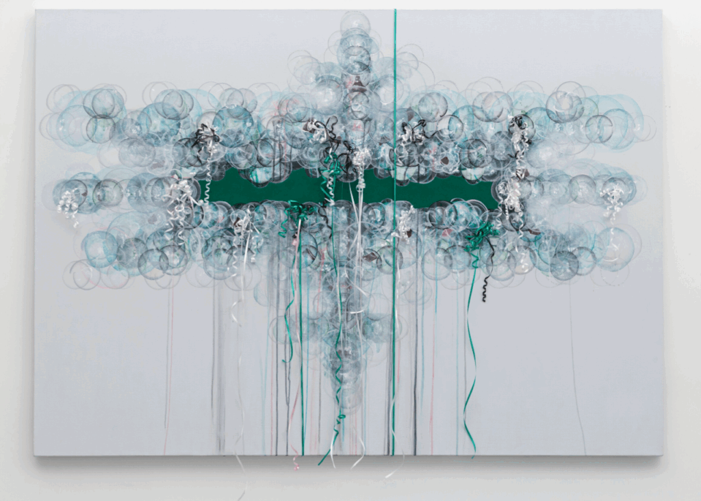 untitled 44x62" acrylic, flocking and ribbon on canvas 2019